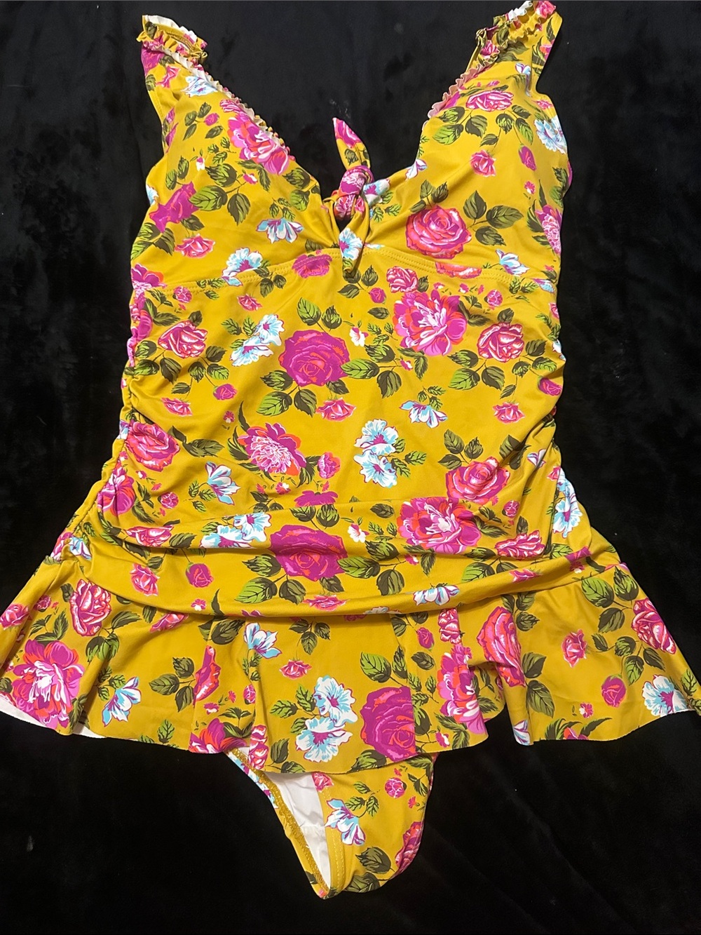 BETSEY JOHNSON Yellow Floral One-Piece Swim Dress with Pink Roses